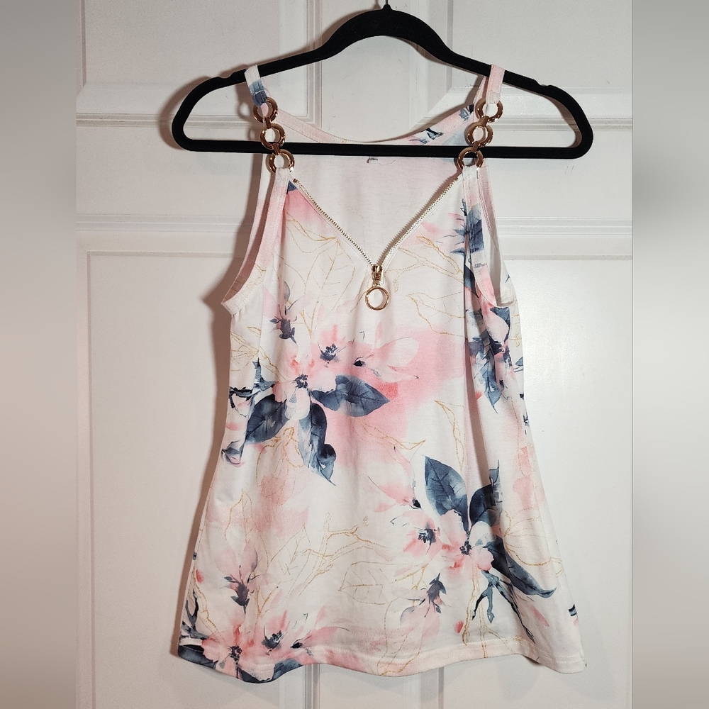 Floral White Pink Blue Floral Sleeveless Top Gold Accents Small